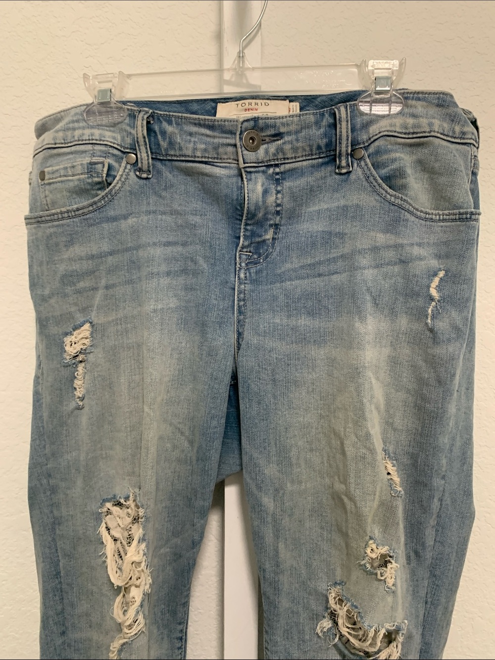 torrid Light Wash Blue Distressed Lace Panels Boyfriend Jeans - Picture 3 of 11